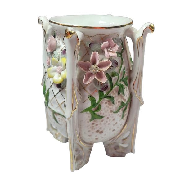 Vintage Capodimonte style 4 Handle Footed Floral Porcelain Rose Vase - Picture 1 of 12